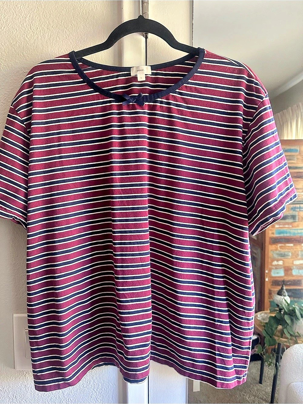 DONNI The Stripe Jersey Oversized Bow Tee Striped Bow Tee in Red & Navy Size